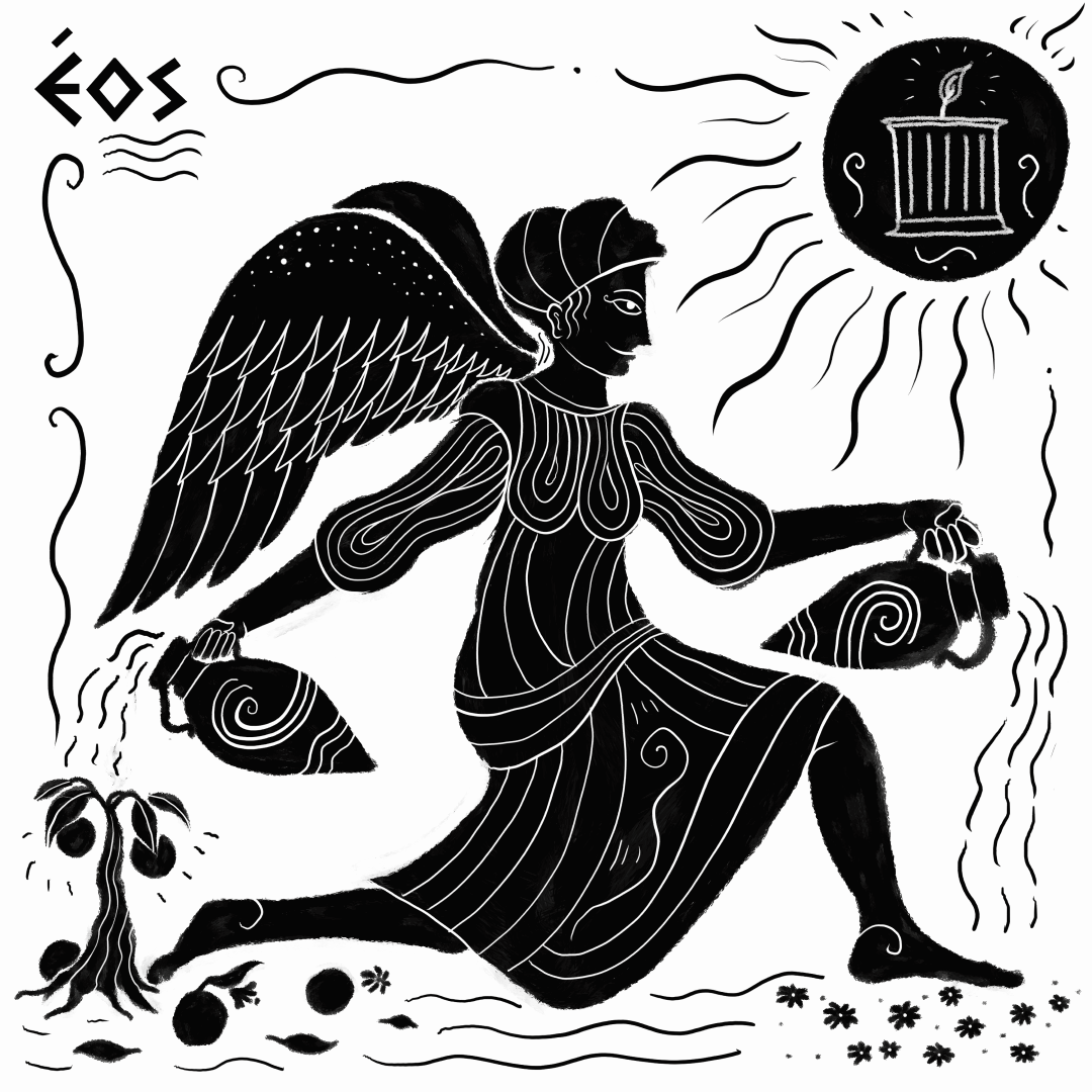 Illustration originale Éos : figure ailée versant deux vases, vagues et bougie dans le soleil