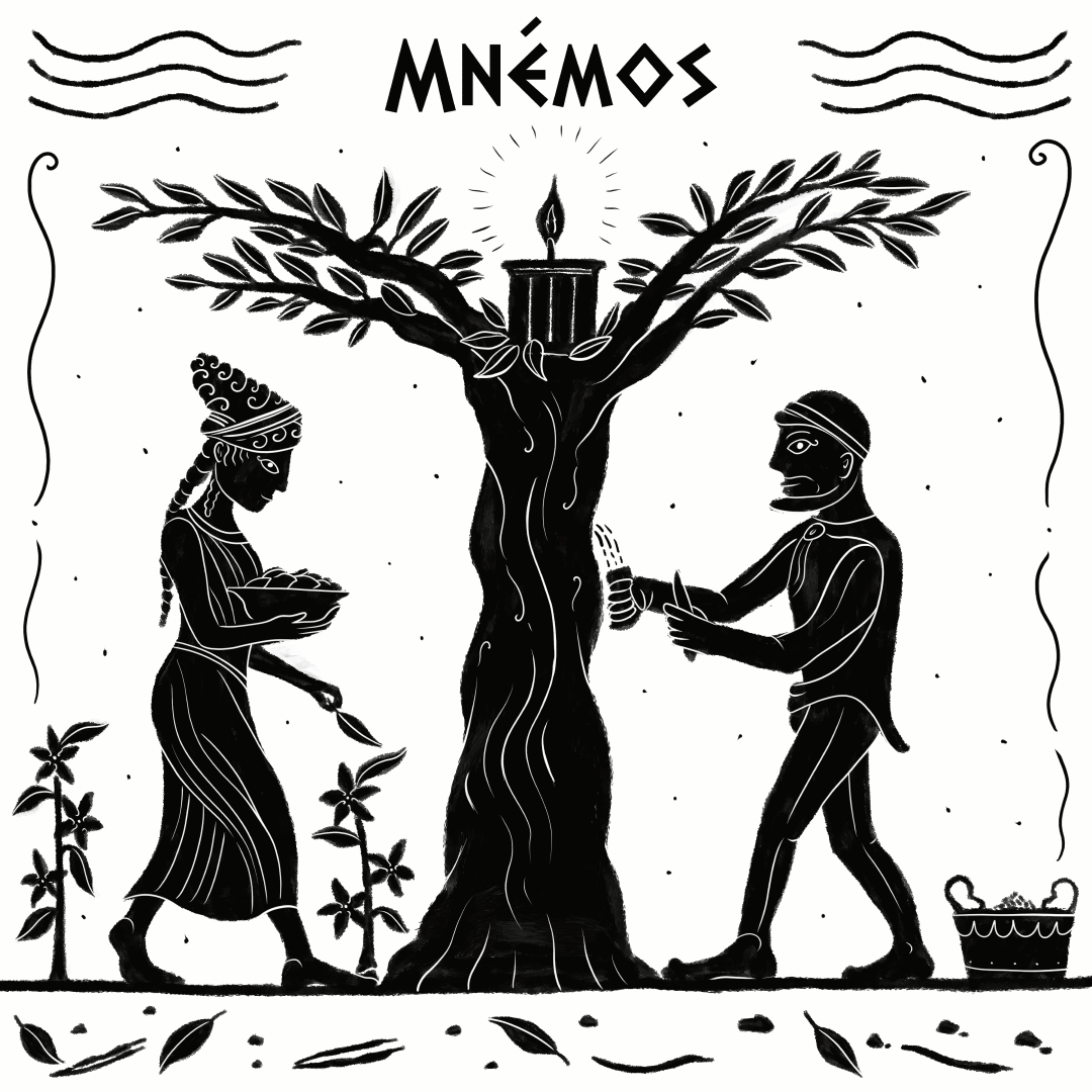 Illustration originale Mnemos : deux personnages antiques près d’un olivier surmonté d’une bougie