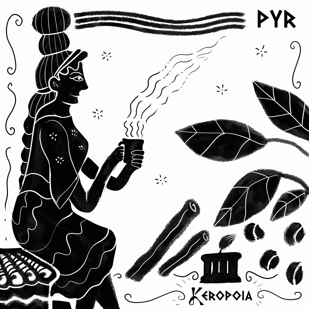 Illustration originale Pyr : figure antique tenant une tasse fumante, grains de café et bâtons de cannelle